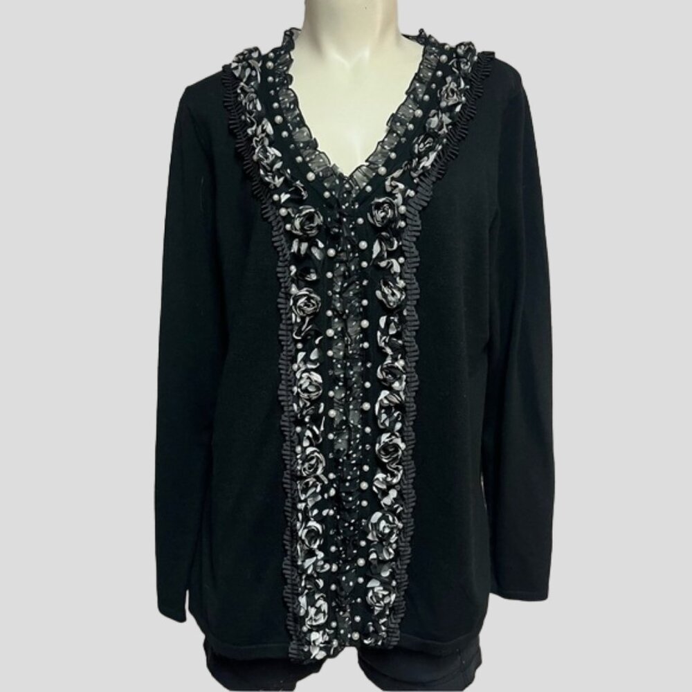 Laura Petites Black One Button Cardigan Sweater With Roses & Ruffles